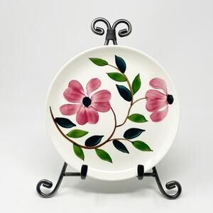 Vintage Hand Painted Ceramic Plate 7.25" Pink Flowers Green Leaves Decorative
